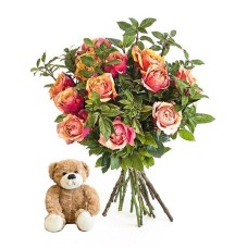 Orange Roses with a Small Teddy (Small (8 Roses))